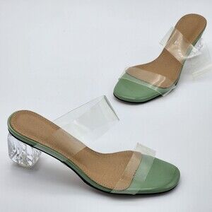 Sage Green Slip On Crystal Block Heel Sandals Size 7
